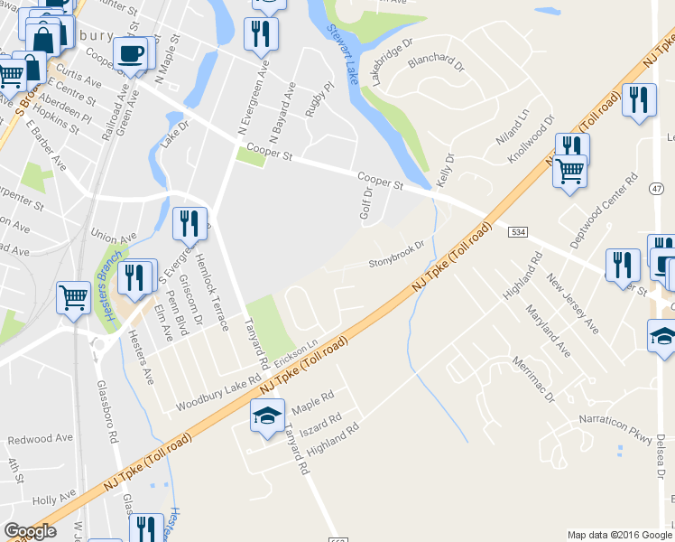 map of restaurants, bars, coffee shops, grocery stores, and more near 615 Stonybrook Dr in Deptford Township