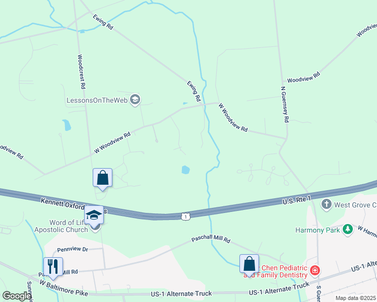 map of restaurants, bars, coffee shops, grocery stores, and more near 19 Autumn Blaze Lane in West Grove