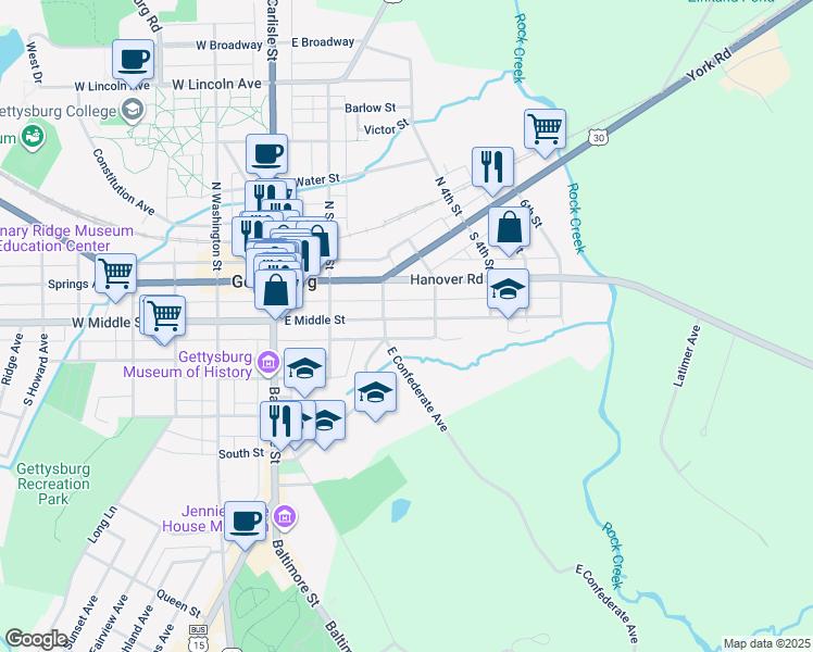 map of restaurants, bars, coffee shops, grocery stores, and more near 227 East Middle Street in Gettysburg