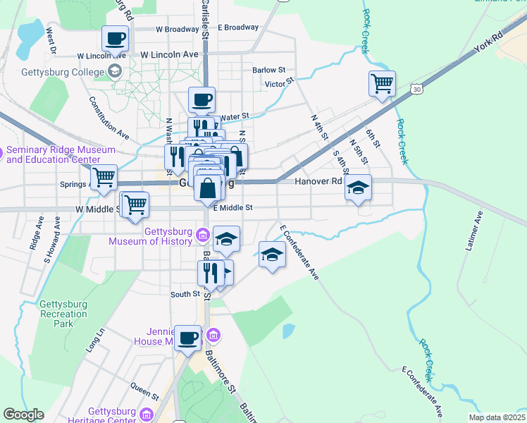 map of restaurants, bars, coffee shops, grocery stores, and more near 145 East Middle Street in Gettysburg