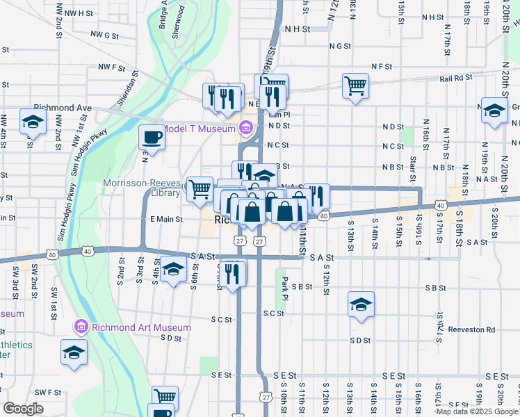 map of restaurants, bars, coffee shops, grocery stores, and more near Sailor Street in Richmond