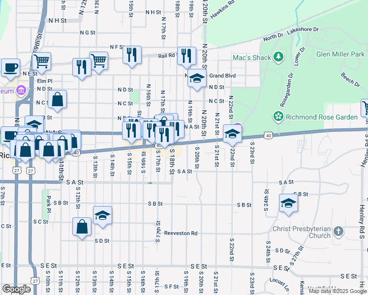 map of restaurants, bars, coffee shops, grocery stores, and more near 1829 East Main Street in Richmond