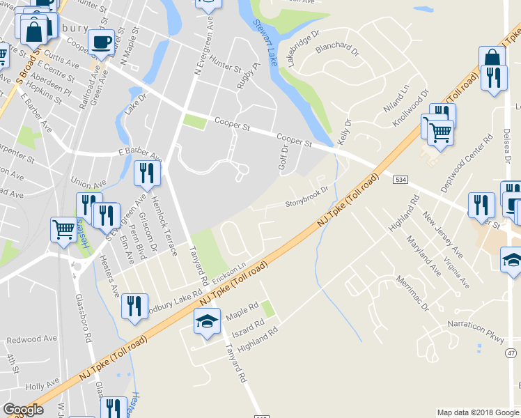 map of restaurants, bars, coffee shops, grocery stores, and more near 704 Stonybrook Drive in Woodbury