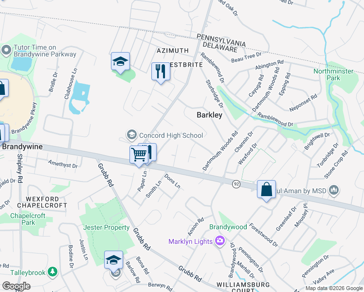 map of restaurants, bars, coffee shops, grocery stores, and more near 2510 Cinder Road in Wilmington