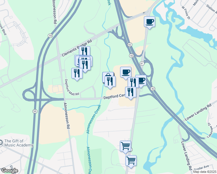 map of restaurants, bars, coffee shops, grocery stores, and more near 1750 Deptford Center Road in Woodbury