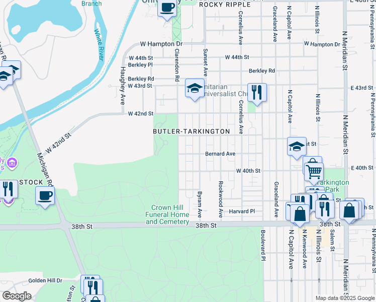 map of restaurants, bars, coffee shops, grocery stores, and more near 626 Bernard Avenue in Indianapolis