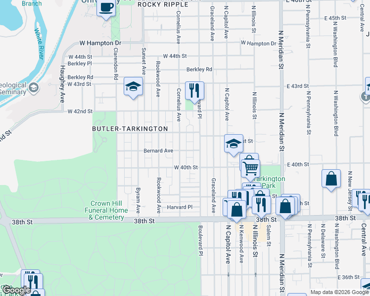 map of restaurants, bars, coffee shops, grocery stores, and more near 4044 Cornelius Avenue in Indianapolis
