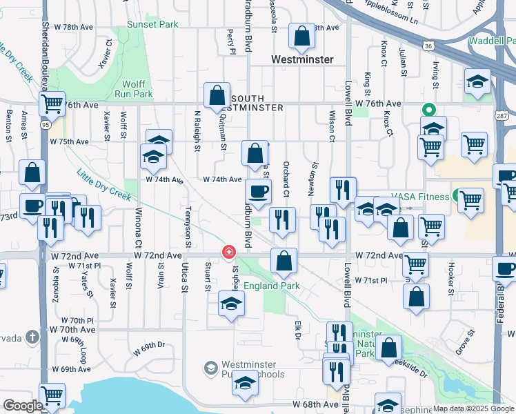 map of restaurants, bars, coffee shops, grocery stores, and more near 3995 West 73rd Avenue in Westminster
