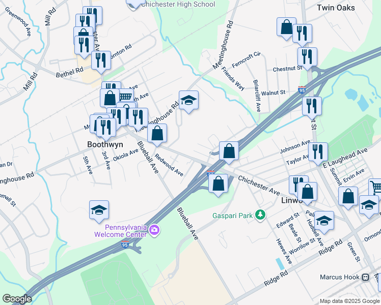 map of restaurants, bars, coffee shops, grocery stores, and more near 2127 Chichester Avenue in Boothwyn