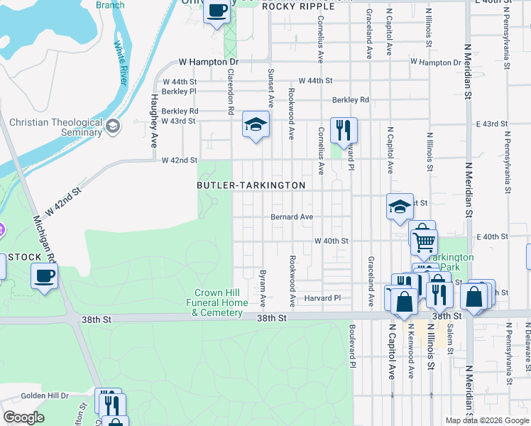 map of restaurants, bars, coffee shops, grocery stores, and more near 530 Bernard Avenue in Indianapolis