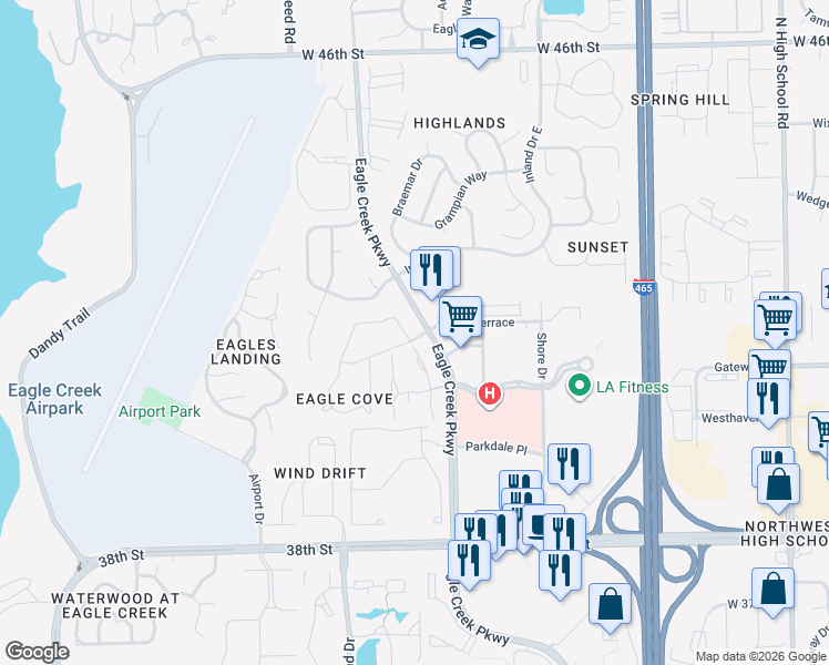map of restaurants, bars, coffee shops, grocery stores, and more near 4125 Gamay Lane in Indianapolis