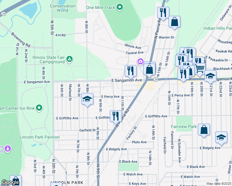 map of restaurants, bars, coffee shops, grocery stores, and more near 2111 North 11th Street in Springfield