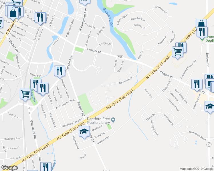 map of restaurants, bars, coffee shops, grocery stores, and more near 408 Stonybrook Drive in Woodbury