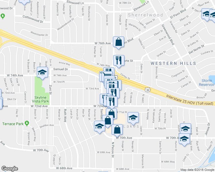 map of restaurants, bars, coffee shops, grocery stores, and more near 7305 Pecos St in Denver