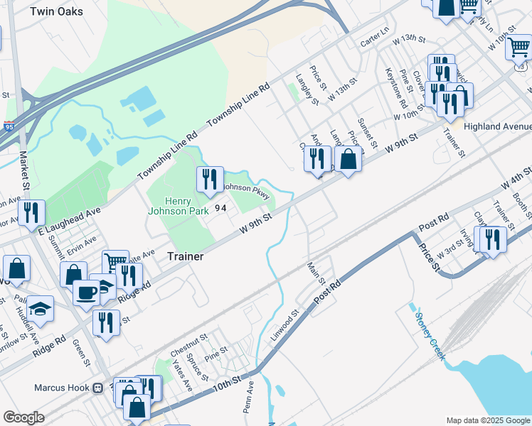 map of restaurants, bars, coffee shops, grocery stores, and more near 4306 Veteran's Drive in Trainer