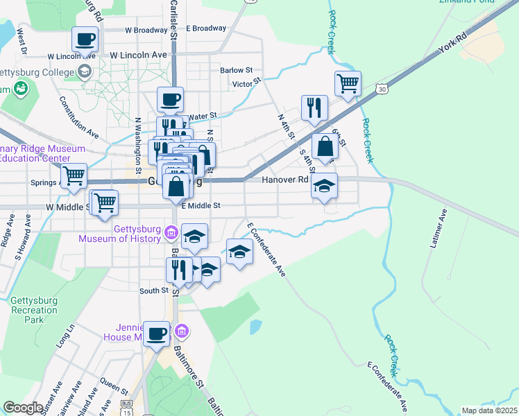 map of restaurants, bars, coffee shops, grocery stores, and more near 227 East Middle Street in Gettysburg