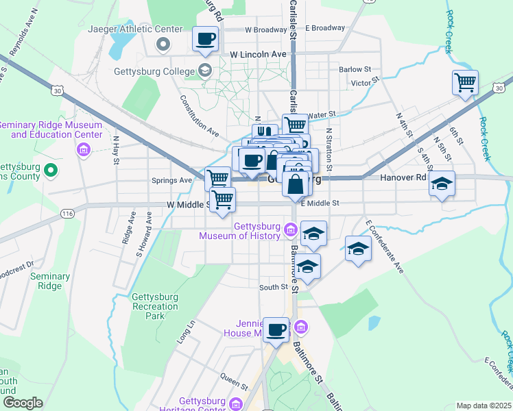 map of restaurants, bars, coffee shops, grocery stores, and more near 102 West Middle Street in Gettysburg