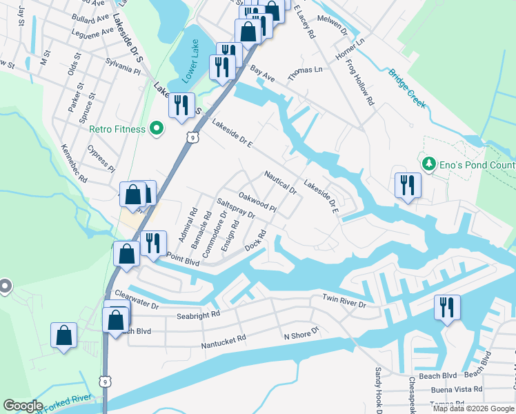 map of restaurants, bars, coffee shops, grocery stores, and more near 123 Oakwood Place in Lacey Township