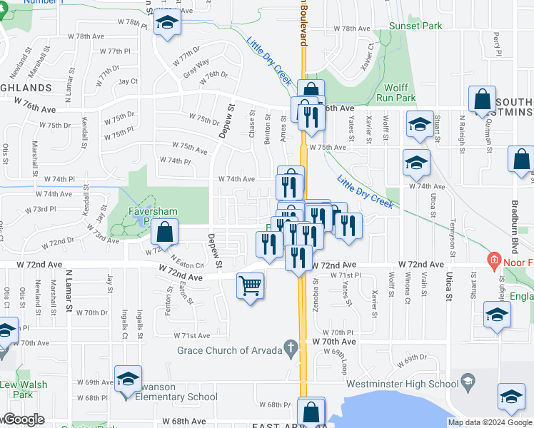 map of restaurants, bars, coffee shops, grocery stores, and more near 7364 Ames Court in Westminster