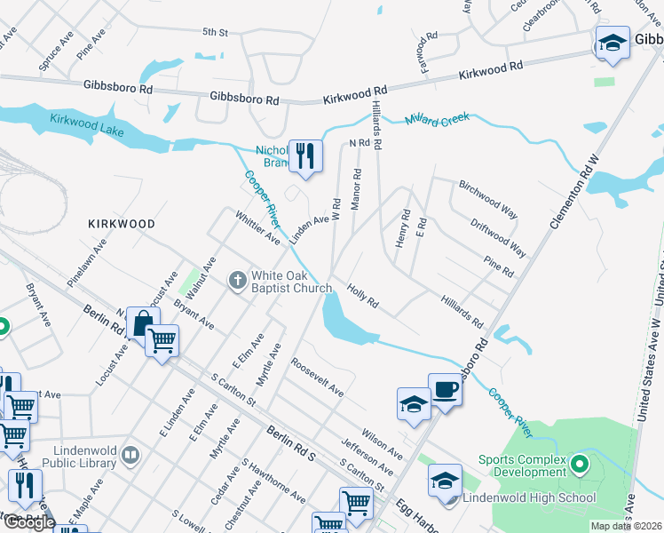 map of restaurants, bars, coffee shops, grocery stores, and more near 4 West Road in Gibbsboro