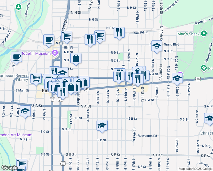map of restaurants, bars, coffee shops, grocery stores, and more near 12 North 14th Street in Richmond