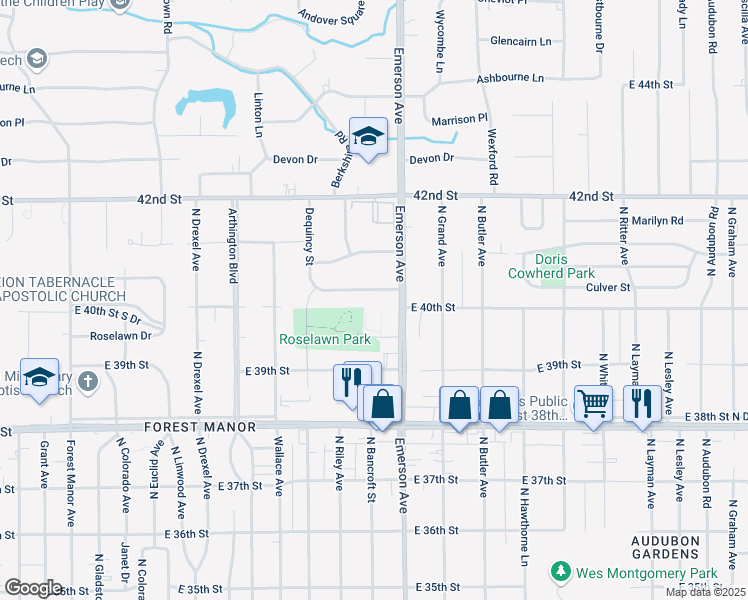 map of restaurants, bars, coffee shops, grocery stores, and more near 5019 East 40th Street in Indianapolis