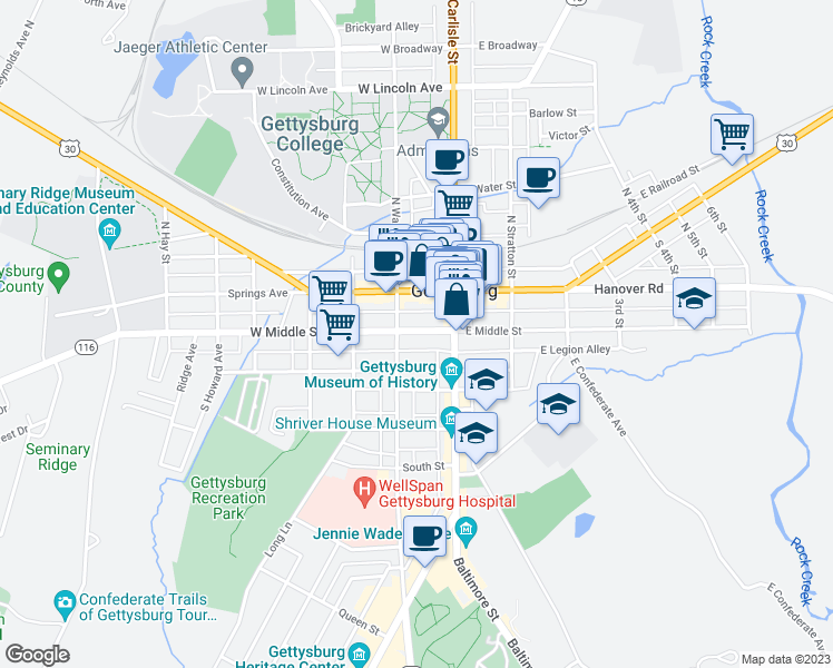 map of restaurants, bars, coffee shops, grocery stores, and more near 46 West Middle Street in Gettysburg