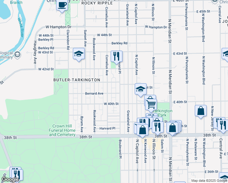map of restaurants, bars, coffee shops, grocery stores, and more near 314 Bernard Avenue in Indianapolis