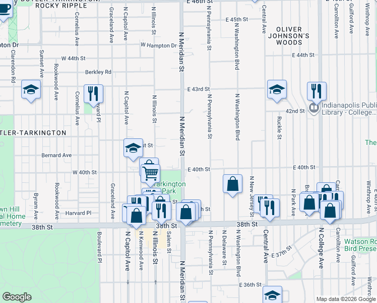 map of restaurants, bars, coffee shops, grocery stores, and more near 4045 North Meridian Street in Indianapolis