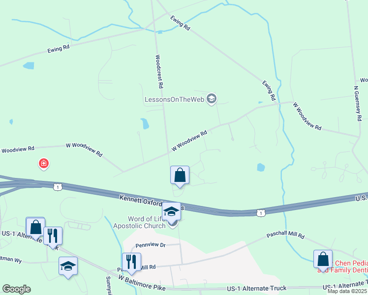 map of restaurants, bars, coffee shops, grocery stores, and more near 285 West Woodview Road in West Grove