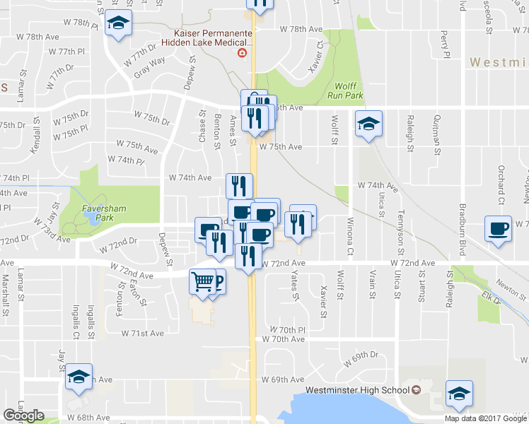 map of restaurants, bars, coffee shops, grocery stores, and more near 5163 West 73rd Avenue in Westminster