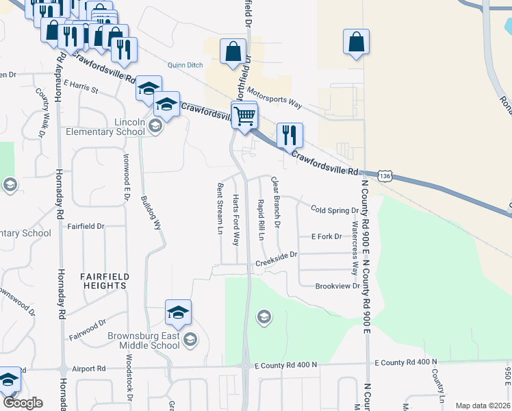 map of restaurants, bars, coffee shops, grocery stores, and more near 226 Rapid Rill Lane in Brownsburg