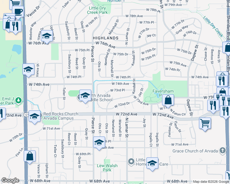 map of restaurants, bars, coffee shops, grocery stores, and more near 6450 West 73rd Place in Arvada