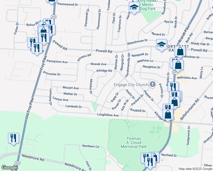 map of restaurants, bars, coffee shops, grocery stores, and more near 5284 Mariner Drive in Dayton