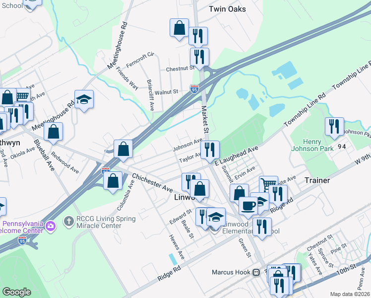 map of restaurants, bars, coffee shops, grocery stores, and more near 223 Johnson Avenue in Boothwyn