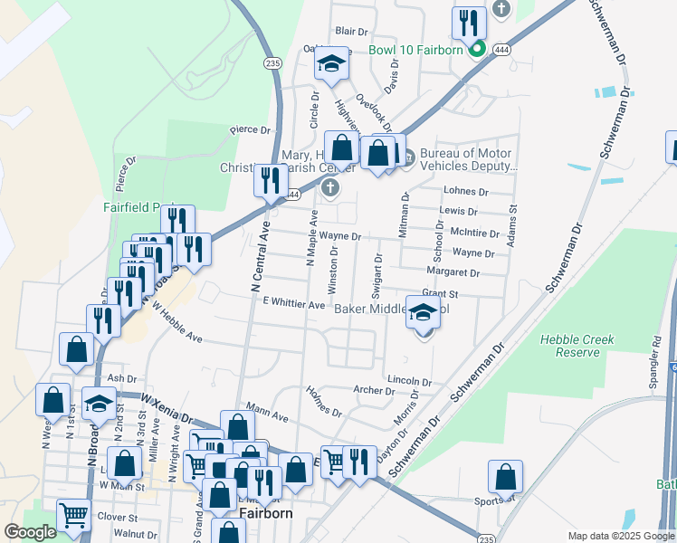 map of restaurants, bars, coffee shops, grocery stores, and more near 706 Winston Drive in Fairborn