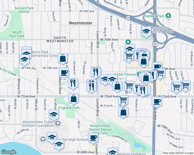 map of restaurants, bars, coffee shops, grocery stores, and more near in Westminster