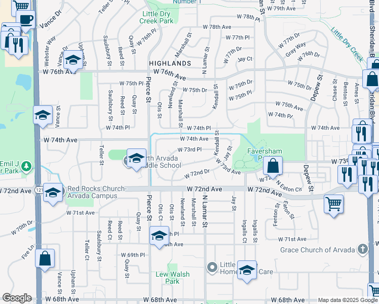 map of restaurants, bars, coffee shops, grocery stores, and more near 6450 West 73rd Place in Arvada