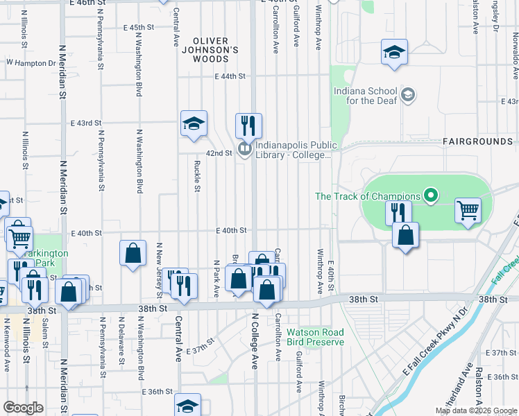 map of restaurants, bars, coffee shops, grocery stores, and more near 4042 North College Avenue in Indianapolis