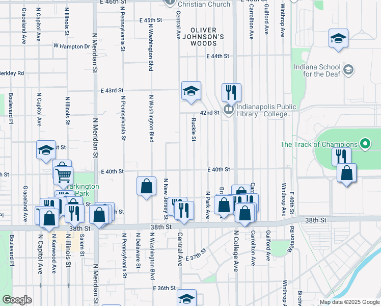 map of restaurants, bars, coffee shops, grocery stores, and more near 4033 Central Avenue in Indianapolis