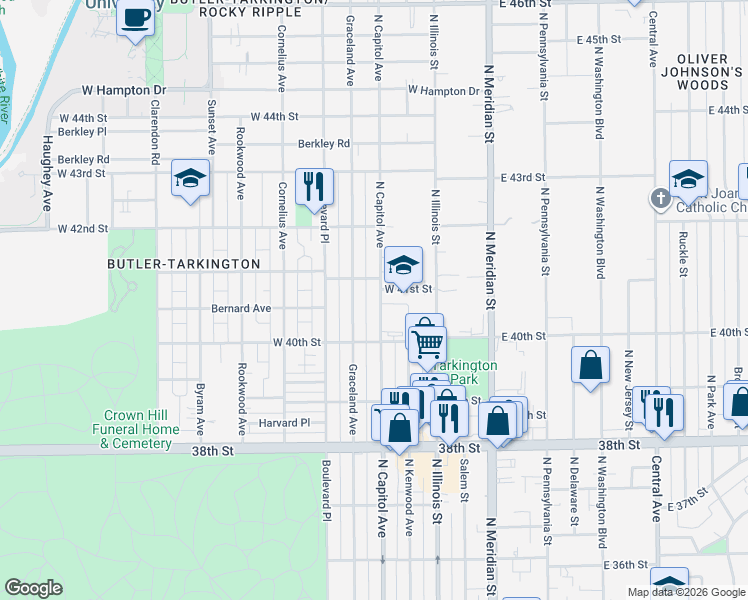 map of restaurants, bars, coffee shops, grocery stores, and more near 4037 North Capitol Avenue in Indianapolis