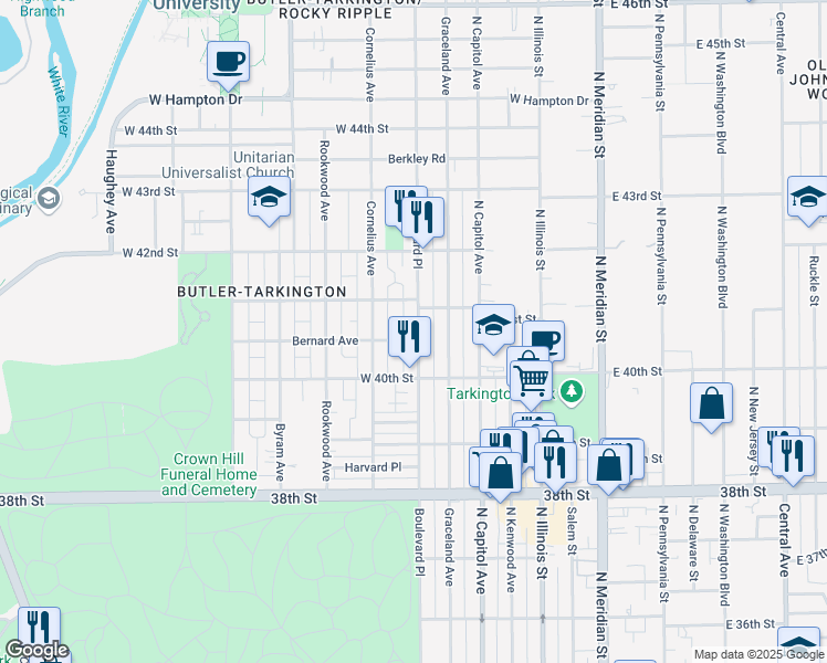 map of restaurants, bars, coffee shops, grocery stores, and more near 312 Bernard Avenue in Indianapolis