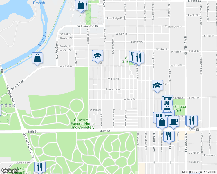 map of restaurants, bars, coffee shops, grocery stores, and more near 530 Bernard Avenue in Indianapolis
