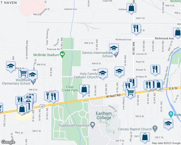 map of restaurants, bars, coffee shops, grocery stores, and more near 15 Northwest 10th Street in Richmond