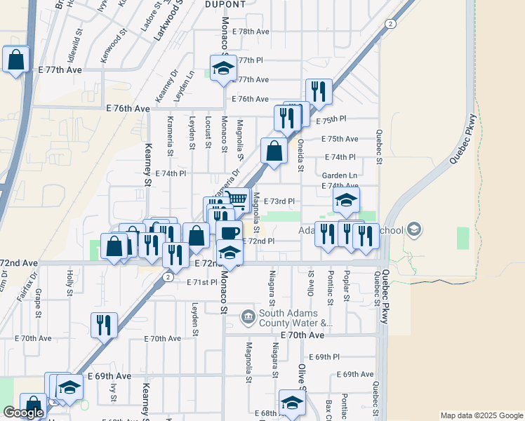 map of restaurants, bars, coffee shops, grocery stores, and more near 7326 Magnolia St in Commerce City