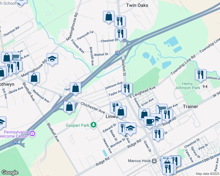 map of restaurants, bars, coffee shops, grocery stores, and more near 303 Johnson Avenue in Boothwyn