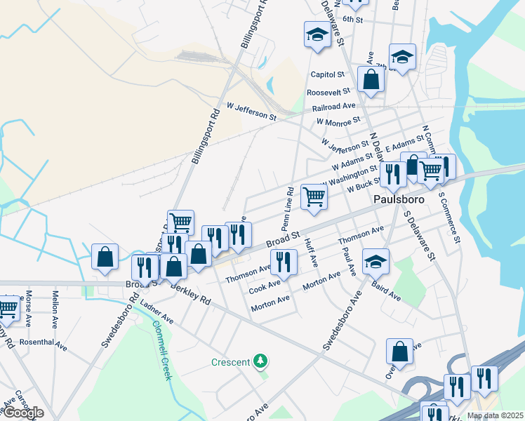 map of restaurants, bars, coffee shops, grocery stores, and more near 344 West Washington Street in Paulsboro