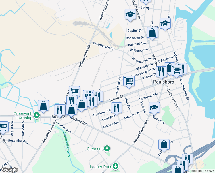 map of restaurants, bars, coffee shops, grocery stores, and more near 344 West Washington Street in Paulsboro