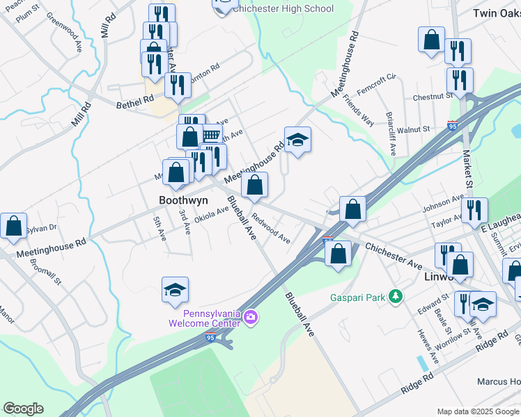 map of restaurants, bars, coffee shops, grocery stores, and more near 2238 Chichester Avenue in Boothwyn