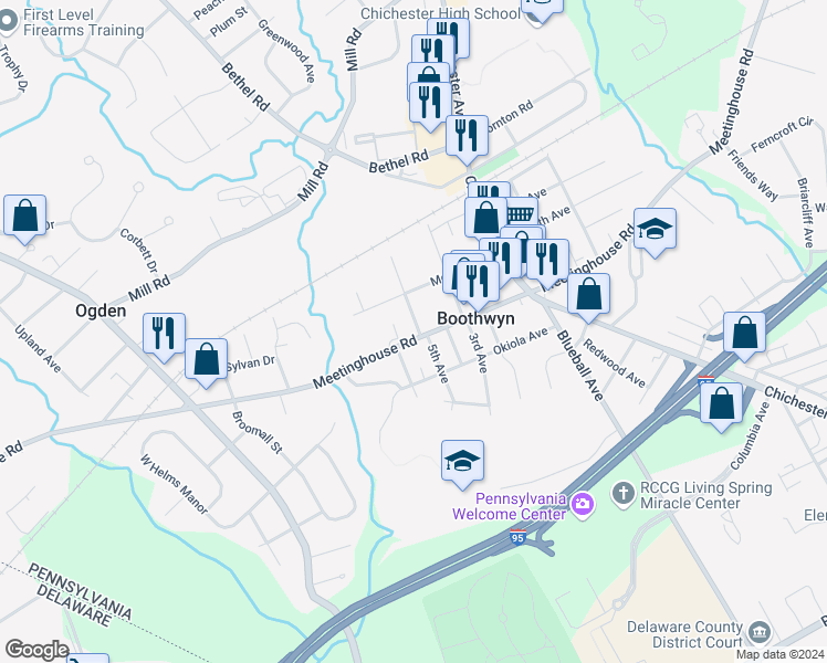 map of restaurants, bars, coffee shops, grocery stores, and more near 1810 Meetinghouse Road in Boothwyn